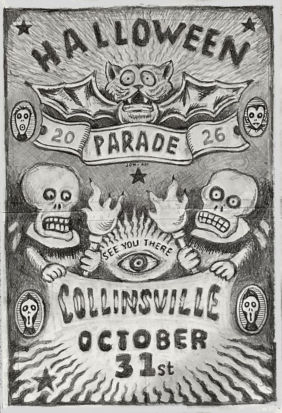 Hand-drawn 2026 Collinsville Halloween Parade poster: a winged cat above a PARADE banner, flanked by skeletons, with the words See You There and October 31st.